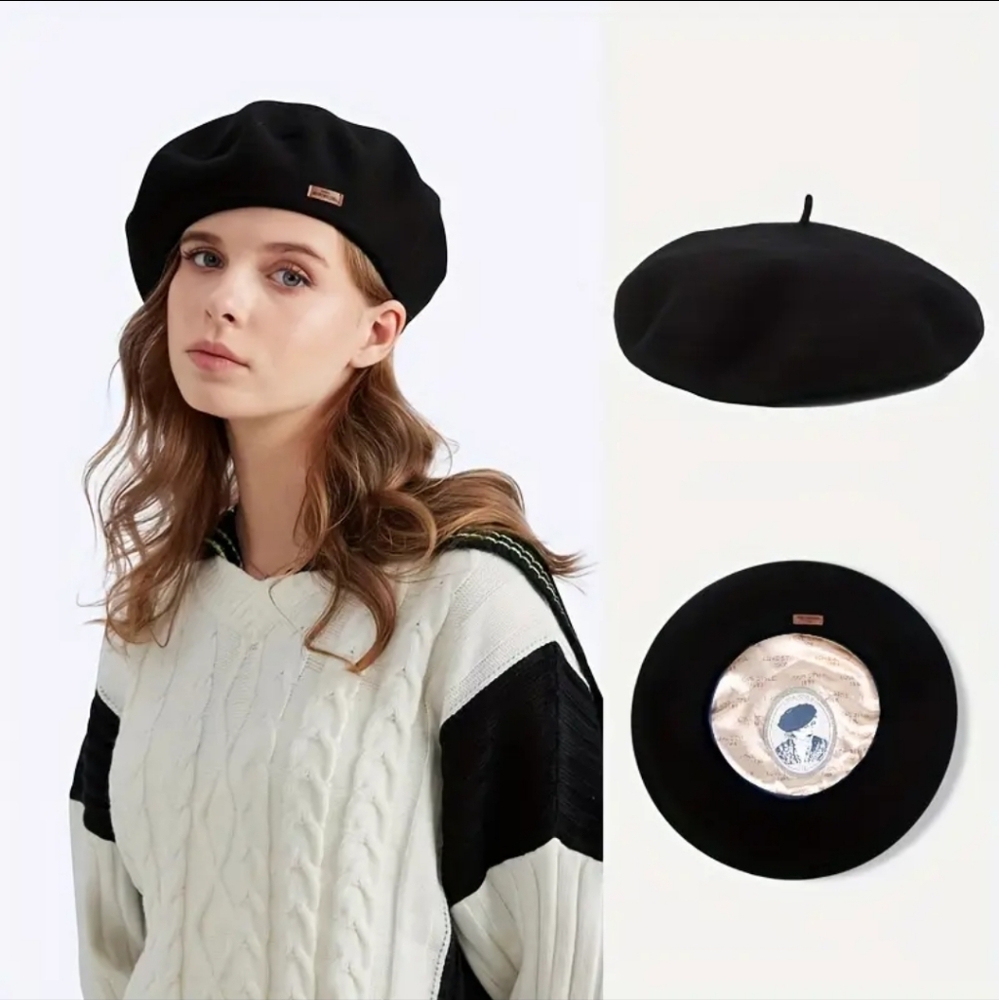 Black Wool Beret with Satin Lining